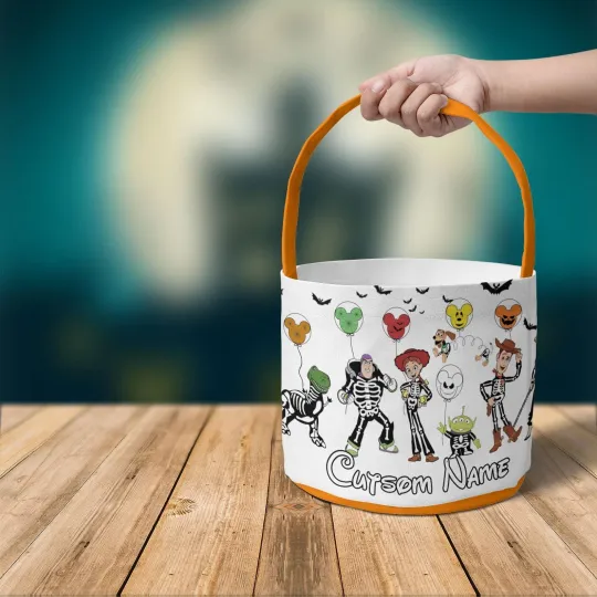 Personalized Toy Story Skeletons Mickey Balloons Halloween Fabric Candy Basket