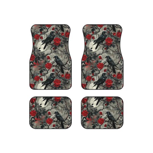 Car Mats (Set of 4) - Ravens, Roses, Moon Design, Gothic Car Accessories, Witchy Car Decor, Black Magic Floor Mats, Halloween Vehicle Mats,