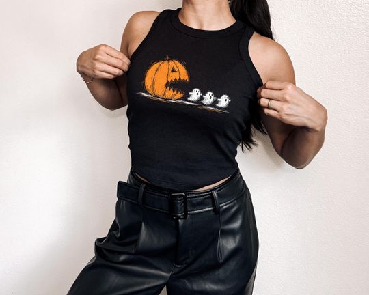 Pumpkin Chasing Ghosts Cropped Tank Top: Retro Gamer Halloween