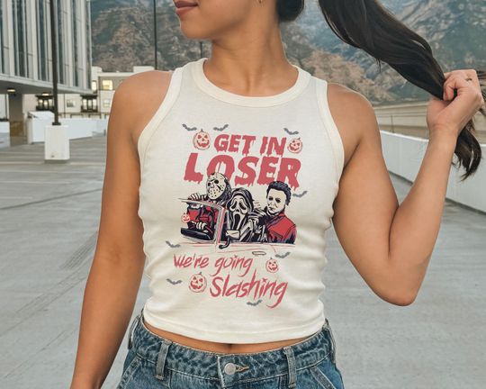 Discover Get In Loser Horror Squad Cropped Tank Top: Retro Halloween, Spooky Season Tee