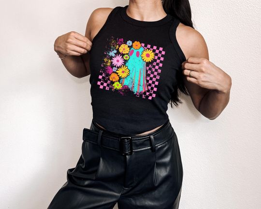 Boho Ghost Cropped Tank Top: Retro Checkered & Floral Neon Halloween Tee