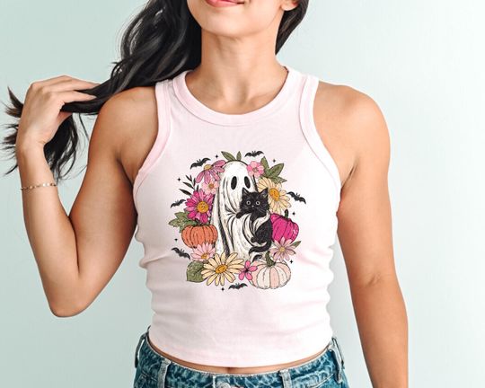 Retro Halloween Cropped Tank Top: Floral Black Cat & Ghost, Spooky Season Tee