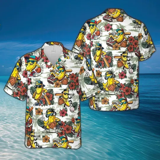 Tropical Baseball Banana Hawaiian Shirt, Funny Banana Hawaiian Shirt, Summer Beach Aloha Short Shirt, Tropical Fruit