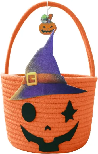 Halloween Pumpkin Basket for Kids, Woven Rope Candy Basket, Halloween Decoration