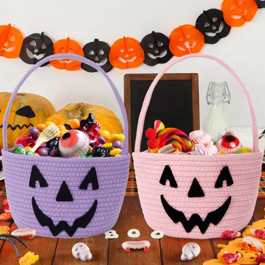 Trick or Treat Basket with Handle Candy Bucket Gift Bags Cute Pumpkin Pattern