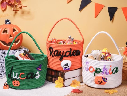 Personalized Trick or Treat Bag, Halloween Treat Basket with Name, Custom Candy Tote Bag, Halloween Basket for Boys & Girls, Halloween Gift