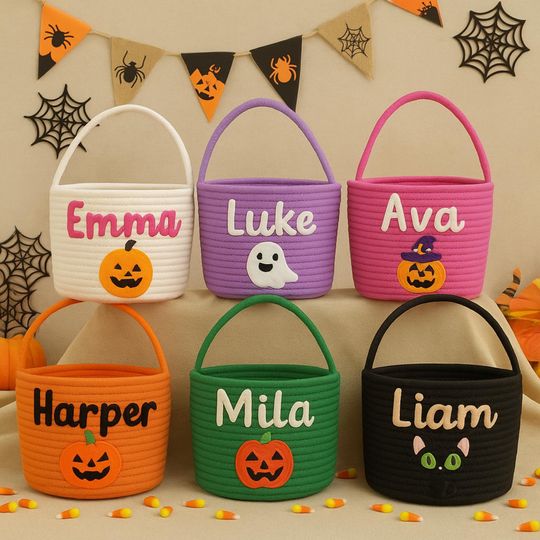 Custom Halloween Candy Basket / Trick or Treat Tote Name Embroidery Bag /Soft Rope Halloween Decor Bag/Kids Pumpkin Bucket / Halloween Gifts