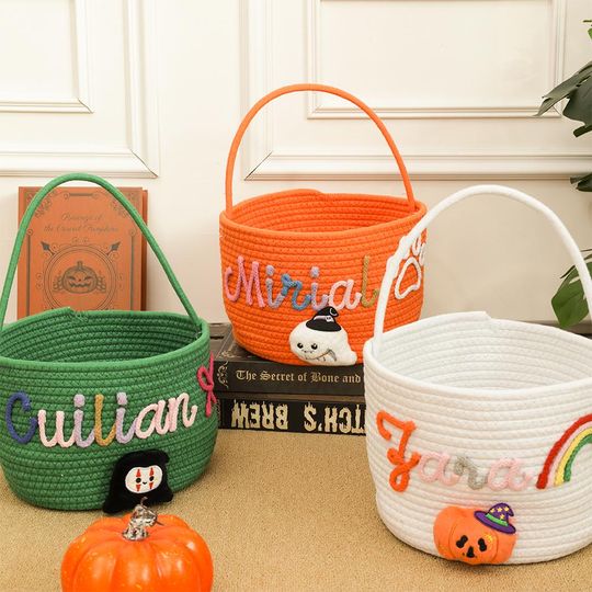 Personalized Halloween Candy Basket with Name - Custom Embroidery Trick or Treat Tote, Kids Pumpkin Bucket, Soft Rope Gift Bag