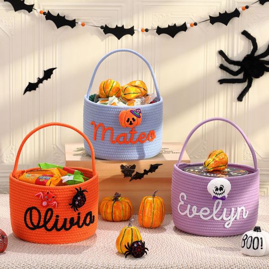 Halloween Basket, Pumpkin Basket for Kids, Personalized Boo Basket with Name Trick or Treat Basket, Candy Bag Halloween Ghost Spooky Bucket