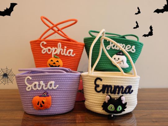 Custom Kids Halloween Treat Basket, Personalized Trick or Treat Halloween Basket, Spooky Season Pumpkin Ghost Basket, Halloween Candy Bags
