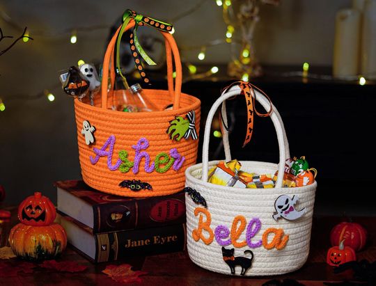 Custom Halloween Spooky Crochet Name Boo Basket, Trick or Treat Bag Gift, Custom Halloween Crochet Pattern Tote, Halloween Favors Decoration