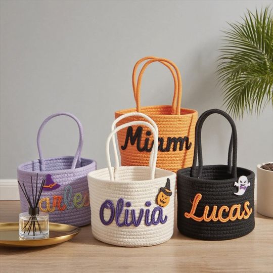 Personalized Halloween Candy Basket - Custom Named Candy Bags for Kids, Toy Storage, and Halloween Gifts