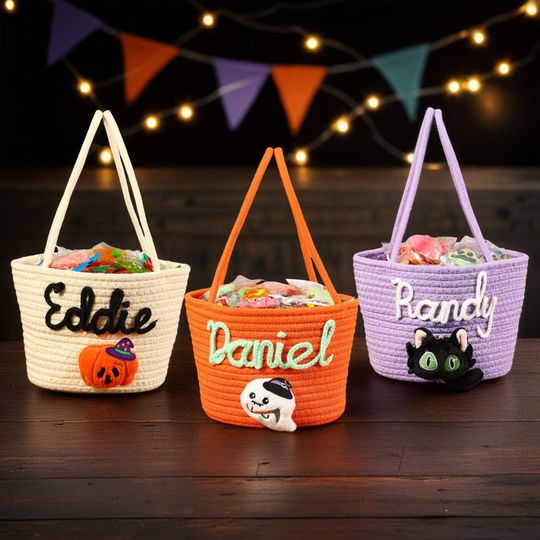 Discover Personalized Halloween Treat Bag with Name, Trick or Treat Basket, Custom Candy Tote, Halloween Basket for Boys & Girls, Halloween Gift