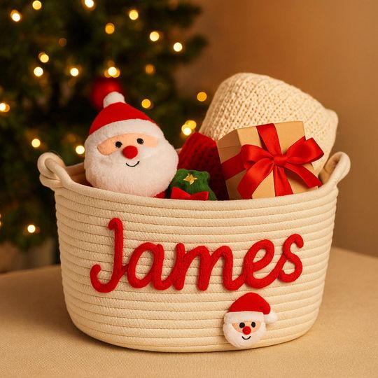 Custom Name Christmas Basket Baby Gift Cotton Rope Storage Bin Newborn Baby Shower Gifts Personalized Toy Organizer Xmas Basket for Kids