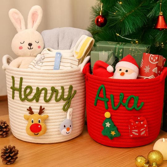 Christmas Gift Basket Personalized Baby Name Cotton Rope Bin Holiday Storage Organizer Custom Xmas Present Baby Shower Gift Newborn Basket