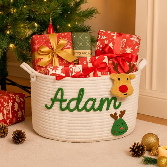 Custom Christmas Gift Basket Baby Name Storage Bin Personalized Cotton Rope Xmas Basket Holiday Decor Newborn Gift Baby Shower Organizer