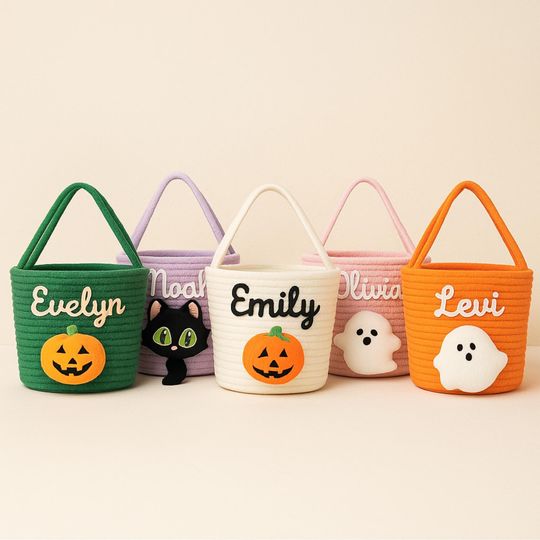 Custom Halloween Trick Or Treat Candy Baskets, Personalised Children's Pumpkin Ghost Candy Buckets, Halloween Tote Bags, Halloween Decor