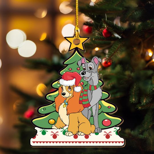 Lady And The Tramp Christmas Wood Ornament, Disney Xmas Tree Decor, Cute Holiday Dog Couple Ornament, Disney Xmas Gift For Dog Lovers