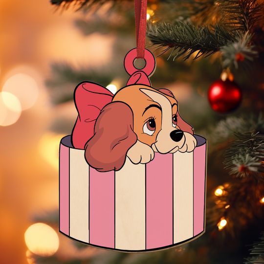 Lady Christmas Wood Ornament, Disney Lady and the Tramp Tree Decor, Darling's Puppy in Box Ornament, Cute Holiday Dog Ornament
