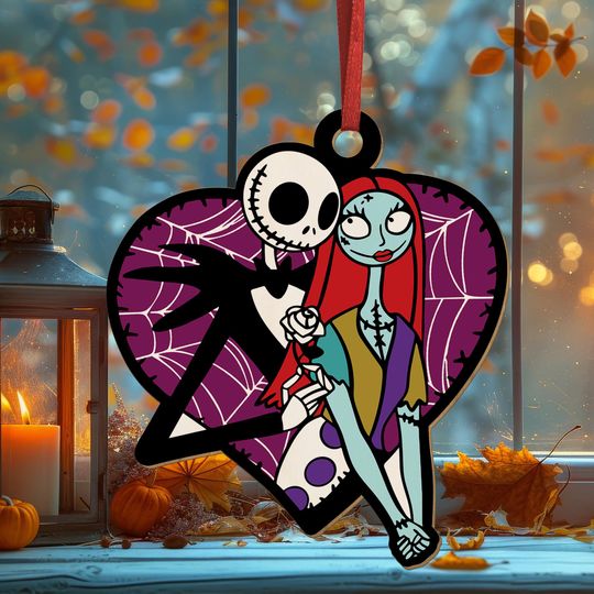 Jack and Sally Wood Ornament, Nightmare Before Christmas Halloween Ornament, Disney Gothic Love Ornament, Spooky Tree Hanging Decor