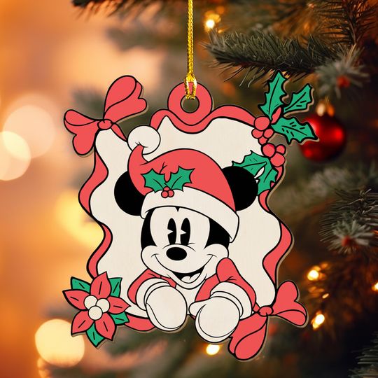 Mickey Mouse Christmas Wreath Ornament, Disney Holiday Wood Ornament, Cute Mickey Santa Tree Decor, Disney Christmas Gift