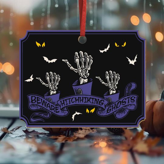 Haunted Mansion Hitchhiking Ghosts Wood Ornament, Beware Skeleton Hands Ornament, Disney Halloween Wood Decor, Spooky Tree Hanging Sign