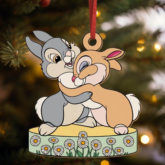 Thumper and Blossom Wood Ornament, Bambi Bunny Couple Hugging Ornament, Disney Christmas Tree Decor, Cute Animal Holiday Gift