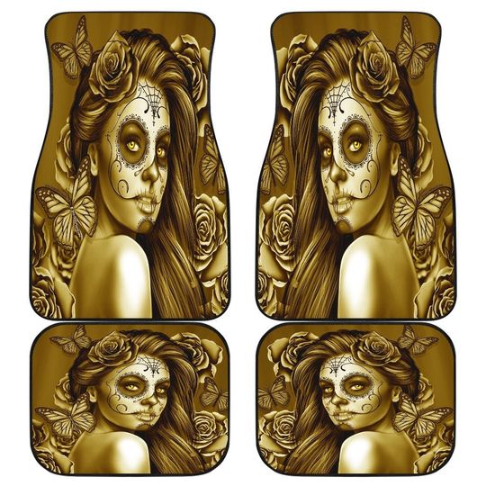 Calavera (Day Of The Dead / Dia De Los Muertos) Halloween Skull Design #2 (Hazel Sparkle & Shine Rose) Car Floor Mats Set (2 Front, 2 Back)