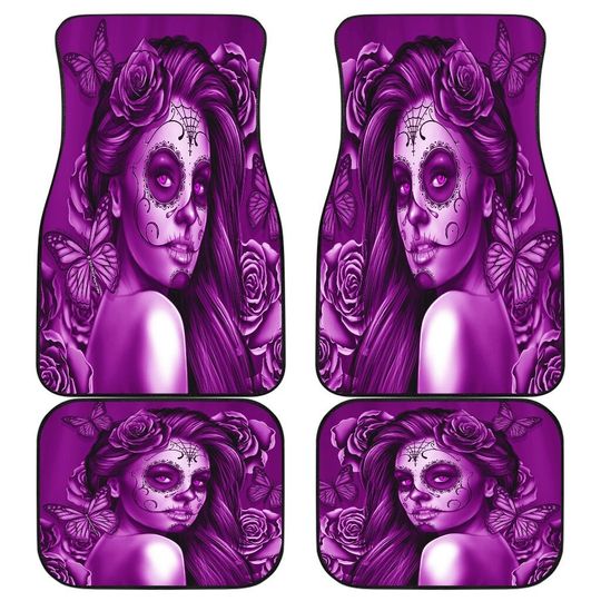 Calavera (Day Of The Dead / Dia De Los Muertos) Halloween Skull Design #2 (Purple Night Owl Rose) Car Floor Mats Set (2 x Front, 2 x Back)