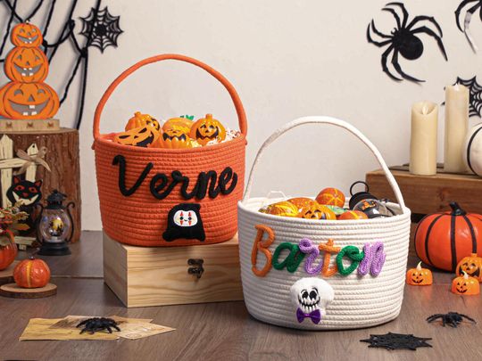 Trick or Treat Bag,Custom Halloween Treat Bag with Name,Personalized Baby Name Cotton Basket Gift,Halloween Candy Basket,Candy Tote
