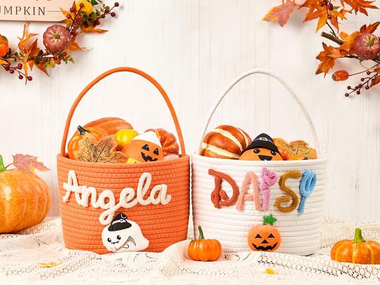 Personalized Halloween Candy Basket With Name,Embroidery Trick or Treat Bucket,Kids Pumpkin Bucket,Halloween Decor Bag,Halloween Decor Gifts