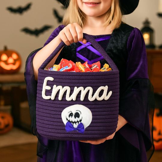 Custom Trick or Treat Basket with Name/Personalized Halloween Candy Bucket / Soft Rope Halloween Tote / Treat Bag Gift/Halloween gifts