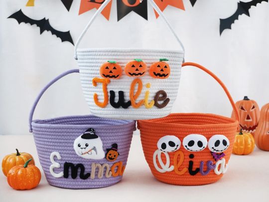 Custom Halloween Basket With Name - Personalized Trick or Treat Tote Bag -Soft Candy Bucket - Kids Pumpkin Pail - Gift For Boys / Girls