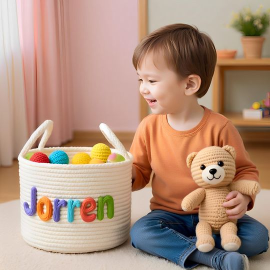 Personalized Rope Cotton Baby Basket: Embroidered Nursery Storage