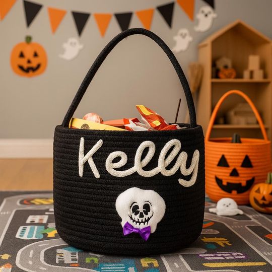 Custom Kid Name Candy Basket, Trick or Treat Bucket, Spoooky Season Candy Holder, Halloween Gifts, Nursery Room Decor