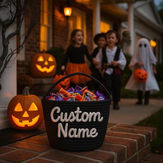 Halloween Custom Kid Name Toy Basket, Personalized Trick or Treat Bucket, Spoooky Season Candy Holder, Halloween Gifts