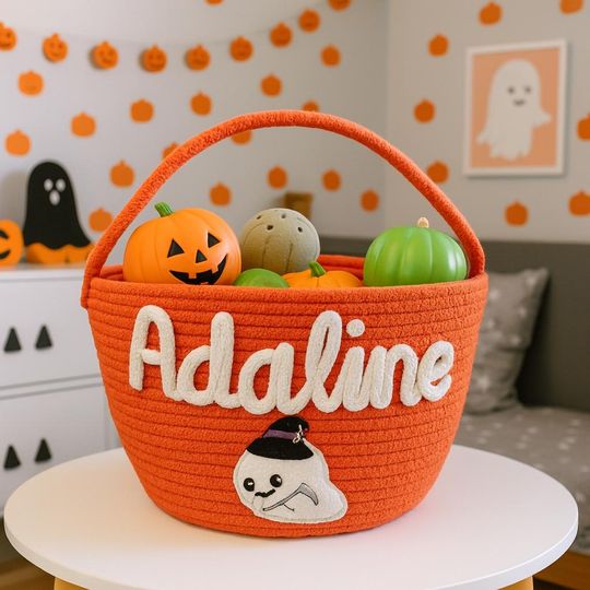 Custom Name Nursery Room Basket, Trick or Treat Bucket, Spoooky Season Candy Holder, Halloween Gifts, Fall Cozy Home Decor