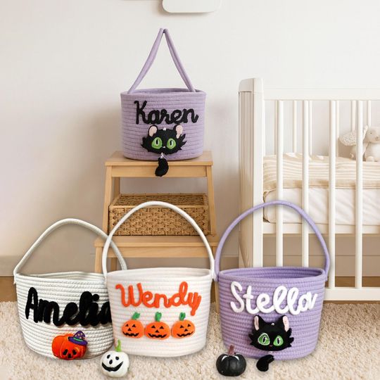 Personalized Halloween Trick or Treat Basket  Custom Name Pumpkin Candy Bag for Kids, Halloween Gifts, Nursery Room Decor