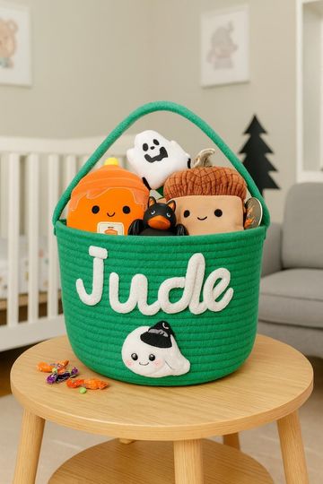 Custom Kid Name Toy Basket, Halloween Candy Basket, Trick or Treat Bucket, Spoooky Season Candy Holder, Halloween Gifts