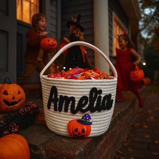 Custom Trick or Treat Candy Bag with Kid Name, Halloween Candy Bag, Trick or Treat Bucket, Spooky Season Candy Holder, Halloween Party Gifts