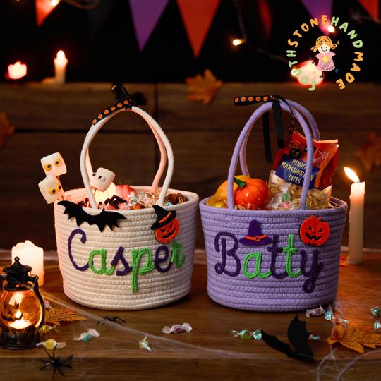 Custom Halloween Treat Bag with Name  Trick or Treat Basket, Personalized Candy Tote, Halloween Basket for Boys & Girls, Halloween Gift