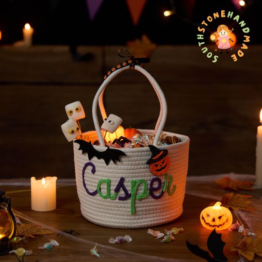 Custom Halloween Treat Bag with Name  Trick or Treat Basket, Personalized Candy Tote, Halloween Basket for Boys & Girls, Halloween Gift