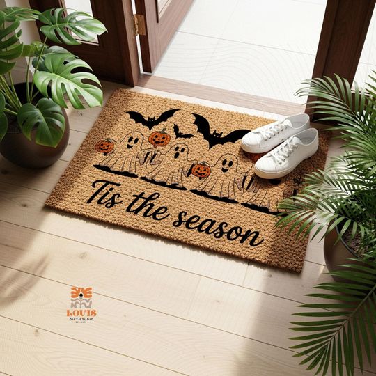 Tis The Season Doormat | Halloween Welcome Mat with Ghosts & Pumpkins | Fall Front Door Mat | Spooky Autumn Coir Decor