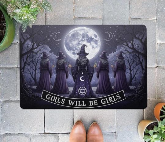 Witchy Doormat, Girls Will Be Girls Welcome Mat, Halloween Front Door Rug, Spooky Home Decor, Moon Phase Witch Coven Decor