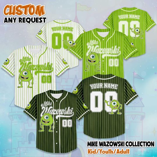 Personalized Mike Wazowski Collection Baseball Jersey, Disney Mike Wazowski Monsters Inc Jersey Shirt, Monsters Inc Baseball Team Outfit