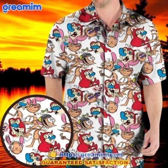 Ren And Stimpy Hawaiian Button Down Shirt