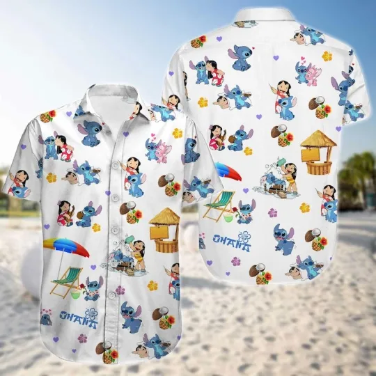 Funny Lilo and Stitch Ohana Hawaiian Shirt for Summer Vacation