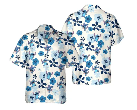 Retro Stitch Aloha Floral Hawaiian Shirt with Lilo and Stitch Design
