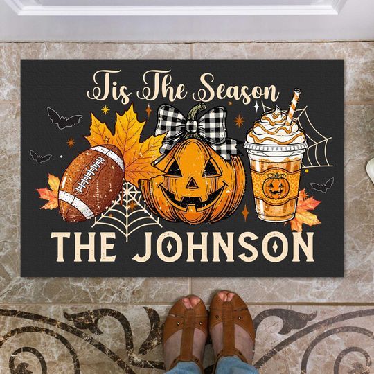 Tis The Season Doormat, Halloween Football Doormat, Custom Family Name Fall Football, Halloween Welcome Mat, Spooky Decor, Halloween Decor