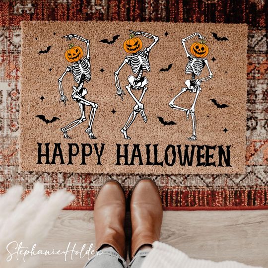 Happy Halloween Dancing Skeleton Doormat, Spooky Skeleton Welcome Mat, Spooky Front Porch Decor, Funny Fall Entry Rug, Horror Door Mat